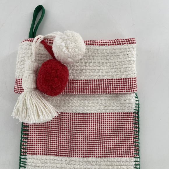 Rare Target Wondershop Christmas Stocking Woven Stitched Striped Poms Tassel 21" - Picture 2 of 9